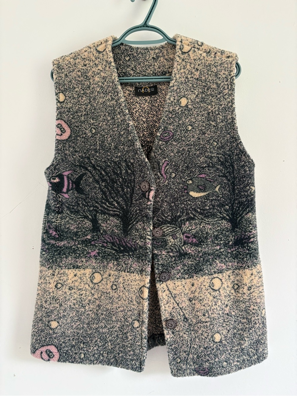Nader Underwater Fish Print Textured Button Front Vest Estimated Size M